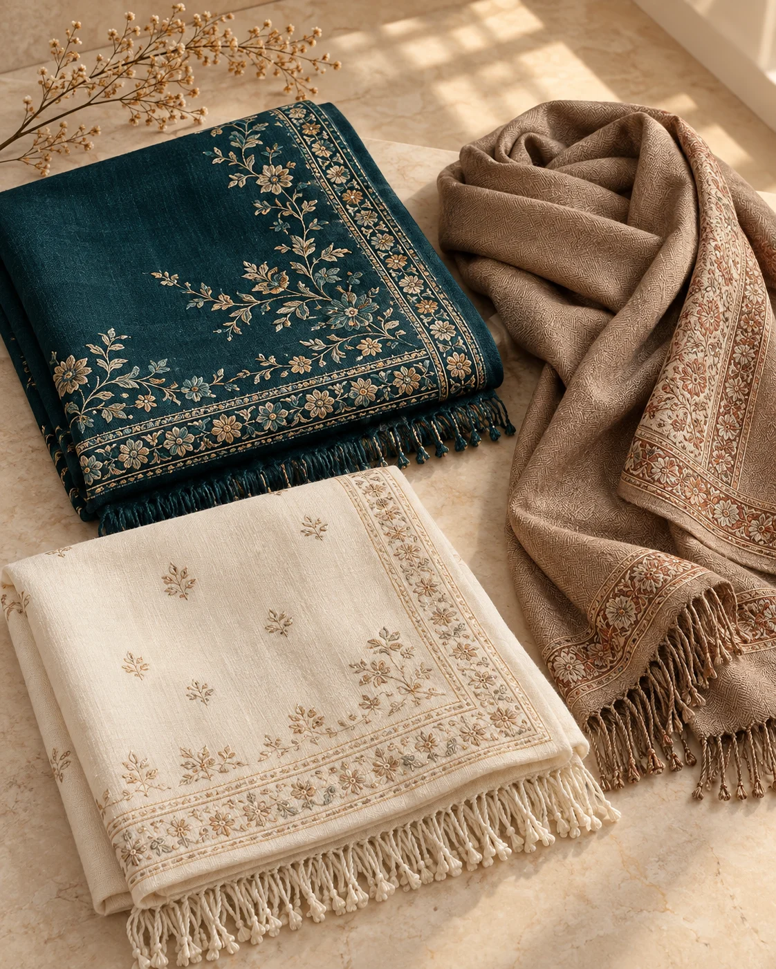 Deep teal and cocoa winter shawls styled in a warm seasonal still life